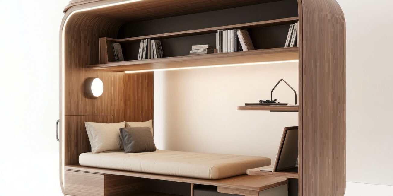 Schrankbett als modernes, platzsparendes Schlafmodul mit integriertem Stauraum und eleganter Holzverkleidung