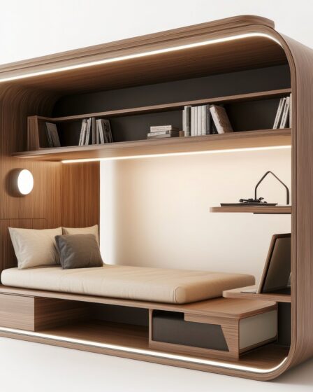 Schrankbett als modernes, platzsparendes Schlafmodul mit integriertem Stauraum und eleganter Holzverkleidung