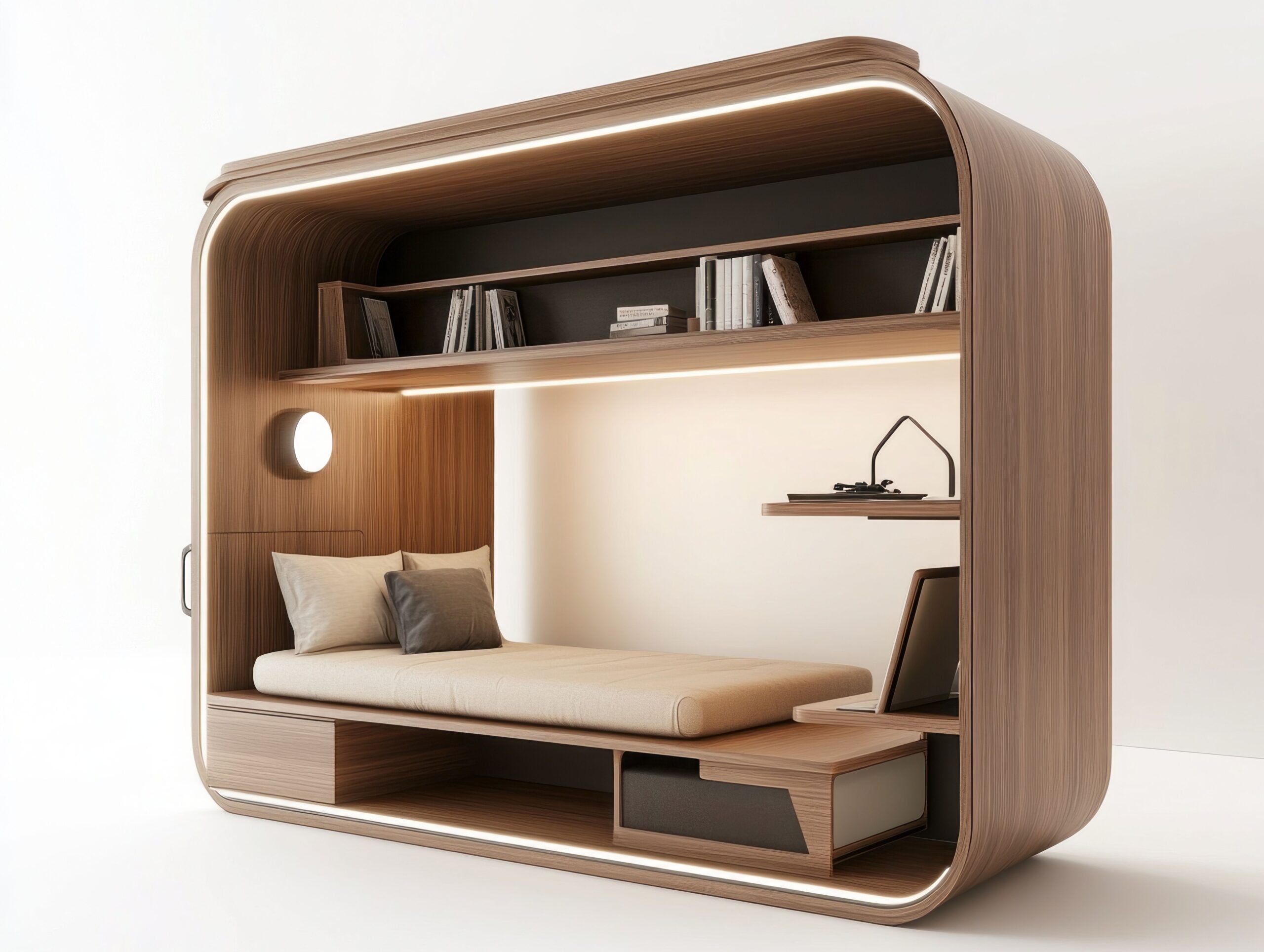 Schrankbett als modernes, platzsparendes Schlafmodul mit integriertem Stauraum und eleganter Holzverkleidung