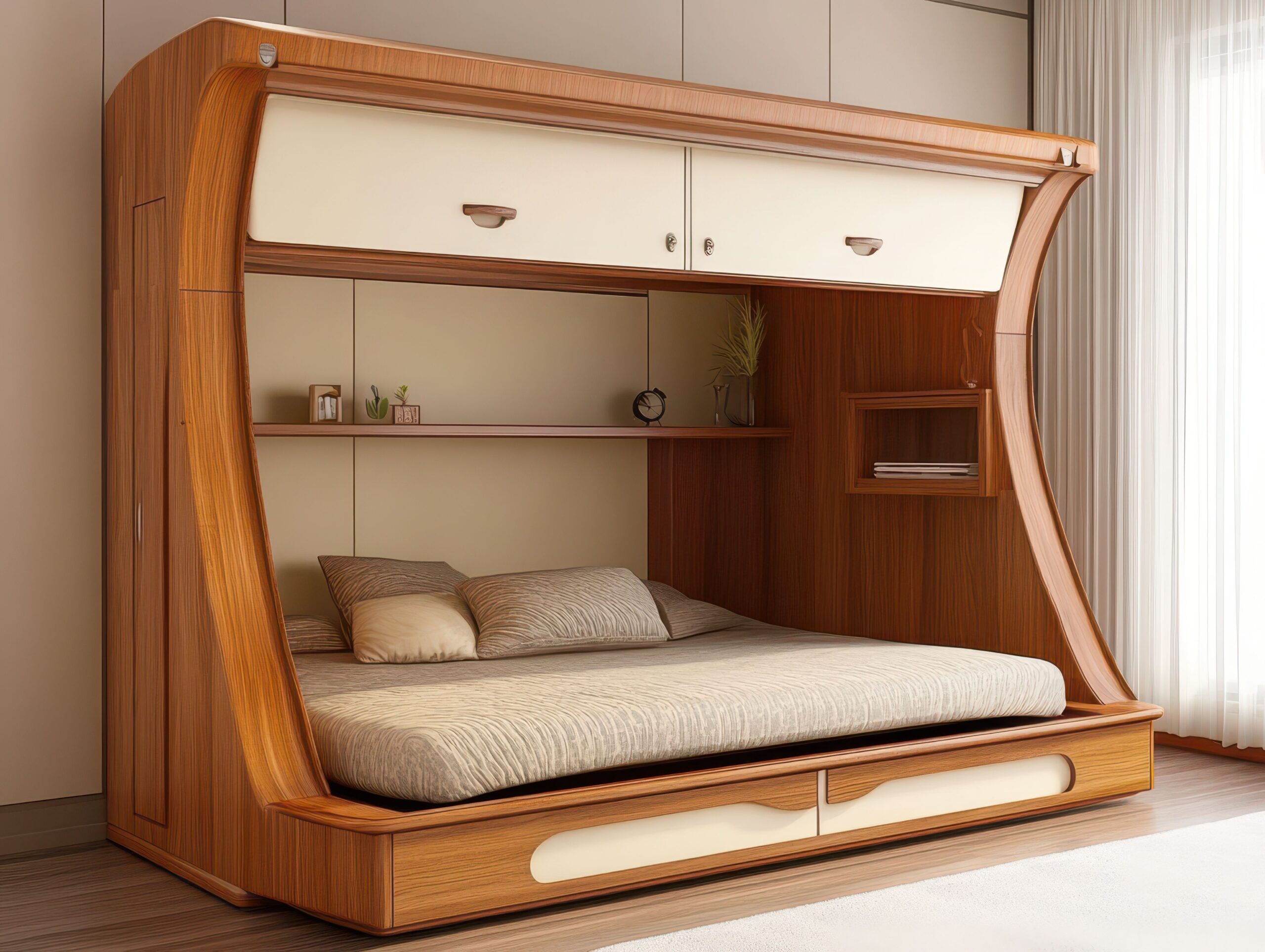 Schrankbett mit Regal und Stauraum in modernem Schlafzimmer