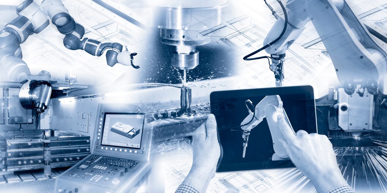 Collage industrieller Robotik und moderner Fertigungstechnologien | Vakuumsensoren