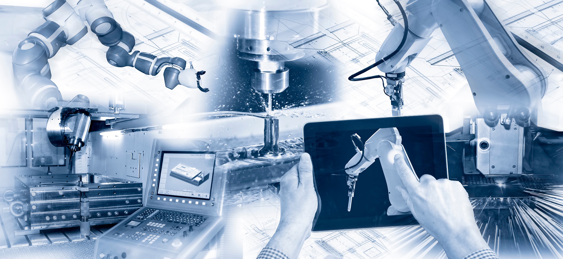 Collage industrieller Robotik und moderner Fertigungstechnologien | Vakuumsensoren
